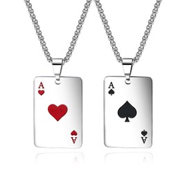 Kawailay 2 Pcs Poker Card Necklace Stainless Ace of Spade Necklace Punk Biker Rock Hip Hop Pendant Necklace for Men Women - Silver