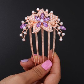 Chargances Boho Flower Purple Rhinestone Hair Comb Bride Wedding Pearl Crystal Hair Side Comb Luxury Beaded Handmade Hair Accessories for Women and Girls (Purple)