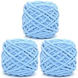 Chunky Chenille Yarn for Crocheting,Blue Fluffy Velvet Plush Thick Soft Chunky Chenille Baby Blanket Yarn for Crocheting Knitting Beginners 3 * 100g(Sky Blue)