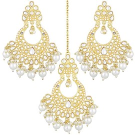 Aheli Gold Plated White Kundan Studded Dangle Earrings & Maangtikka Set Ethnic Fashion Jewelry Gift for Women