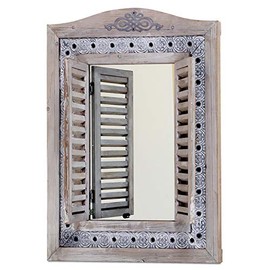 WHW Whole House Worlds Americana Rustic Farmhouse Mirror with Shutters, Vintage Gray, Distressed Metal Border of Braided Flowers, Sustainable Wood, Glass and Metal, 21 3/4 x 1 1/4 x 28 3/4 Inches