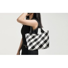 Woven Bag for Women, Fashion Top Handle Shoulder Bag Vegan Leather Shopper Bag Large Travel Tote Bag (Black+White)