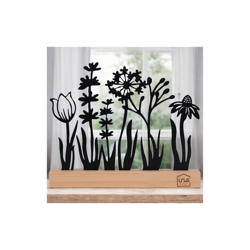 UNUS Silhouette Decorative Flower Meadow Metal with Bamboo Wooden Base,