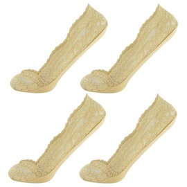 Thingimijigs 4 Pairs Ladies Cotton Rich Lace No-Show Invisible Shoe Liner Socks with Silicon Support - Nude