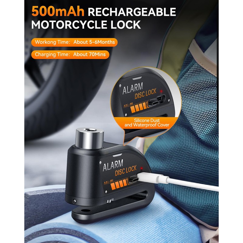 ONVIAN Motorcycle Disc Brake Lock with 120dB Alarm, Rechargeable Waterproof