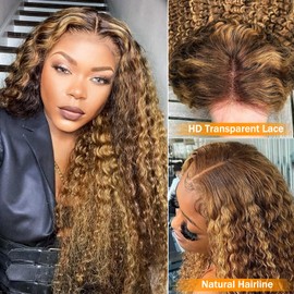 AISI Highlight Human Hair Lace Front Wigs Deep Wave 180% Density #4/27 Ombre Colored Glueless Wigs Pre Plucked 20 Inch 4x4 Transparent Curly Water Wave Lace Wig Honey Blonde Real Wet and wavy Human Hair