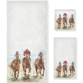 Naanle Soft 3 Towels Set Horse Racing Painting,1 Bath Towel+1 Hand Towel+1 Washcloth Decor for Home,Bathroom, Hotel, Gym, Spa and Beach