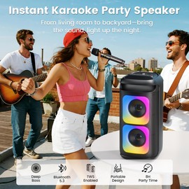 HUALIAN Karaoke Machine for Adults with 2 Wireless Microphones, Portable Bluetooth Speaker with LED Lights, 3D Sound, Echo Control, USB/AUX/TF, Home Party & Outdoor Singing for Women Men