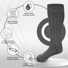 Scottish Highland Kilt Hose for Men, Ribbed Socks for USA Shoe Sizes, Wool Blend (Dark Grey, XL)