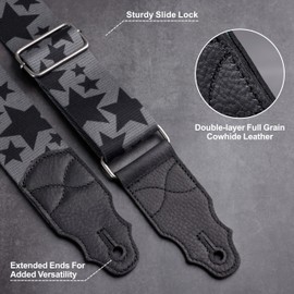 YIKOKO Guitar Strap 2 Inches with Head Cowhide Leather End, for Acoustic and Bass Electric Guitars, with Free Strap Button, Strap Locks and Guitar Picks