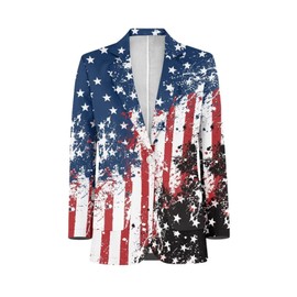 Psaytomey One Button Blazer Jacket for Men - American Flag Star Black Notched Lapel Lightweight Coat With Pockets - Oversized Blazer