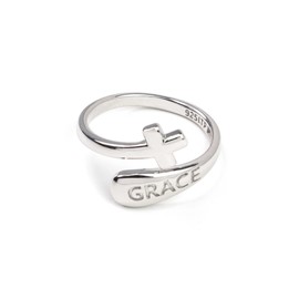 Cross Rings for Women - 925 Sterling Silver Adjustable Grace Ring With Simple Cross & Ring Wrap Design - Christian Rings For Women As Confirmation Gifts, First Communion & Baptism Gift
