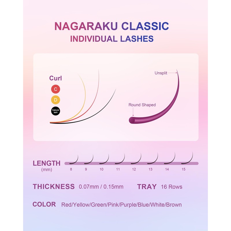 NAGARAKU Colourful Individual Eyelashes, 1:1 Eyelashes, 8 Mixed Rainbow Colours,