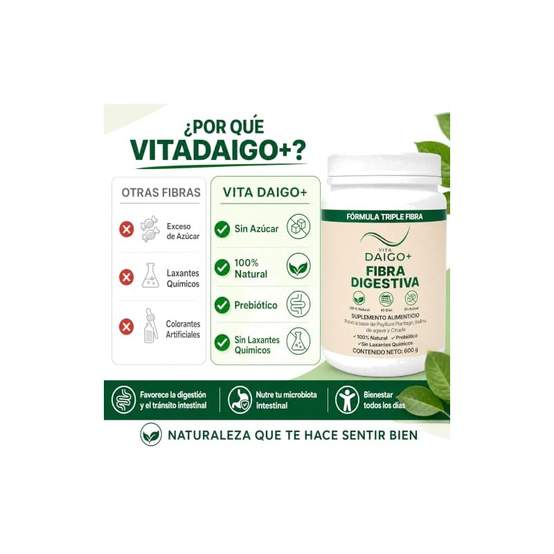 Vita Daigo+ Fibra Digestiva Natural, Fórmula Triple Fibra con Psyllium