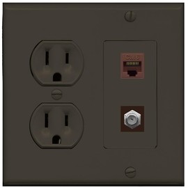 15 Amp Round Power Outlet 1 Port Cat6 Ethernet 1 Coax Cable-TV F-Type Wall Plate [Brown/Brown]