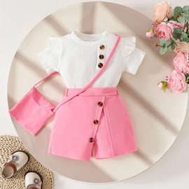 HEOXIN Baby Girls' Clothing Sets, Ruffle Edge Short Sleeves Button Decoration Stretch Trouser Skirt Outfits, Matching Cross Body Bag Summer Clothing Set, Girl Clothes, Girls, Pink, 6 Months - 3 Years