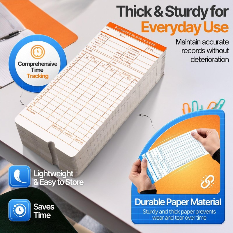 Flexzion Monthly Time Cards for Employees - Dual-Sided, Orange/Blue Attendance