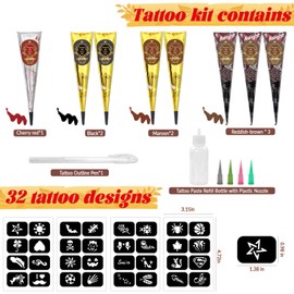 8PCS Tattoo Cones Temporary Tattoo Kit, 4 Colors (3 Brown,2 Maroon,2 Black,1Red), Draft Practice Pen with 32 Stencil Designs DIY Body Painting Art for Beginners & Pros, Tattoo Gifts Set for Party