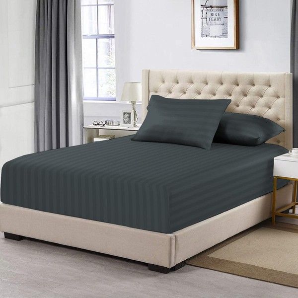 Pizuna Cotton Anthracite Grey Satin Stripe Fitted Bed Sheets Double,