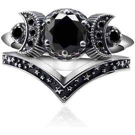 Wicca Pagan Triple Moon Godness Band Ring Set Purple Crystal Cresent for Women Wedding Engagement Promise Jewelry-Black 9