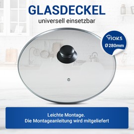 VIOKS Glass Lid Pan Lid 28 cm & Universal Pot Lid with Button Handle and Stainless Steel Protective Rim – Universal Lid for Pans with Ventilation Hole