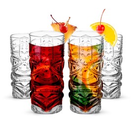Clear Tiki Glasses, Set of 4 - 450 ML - Perfect for Exotic Cocktails, Lemonade, Ice Tea, Mixed Drinks- Exotic Zombie, Rum, Mai Tai, Pina Colada, Punch, Hurricane, Bar Drinkware