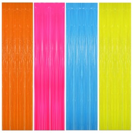 BOXOB 4pcs Glow in The Dark Party Supplies, 3.3x6.6ft Luminous Tinsel Curtains Neon Fringe Backdrop Streamers Photo Booth Prop for Birthday Bachelorette Wedding Dance Decor Background (4 Colors)