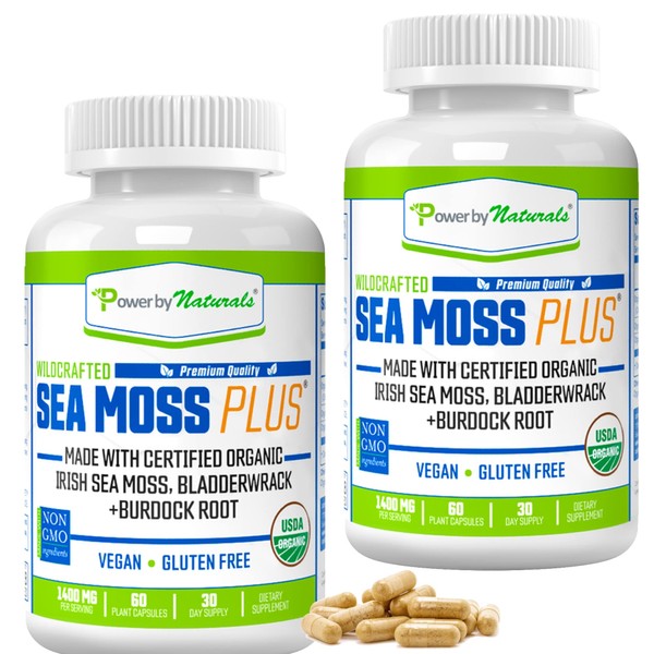 Power By Naturals Sea Moss Plus - USDA Certified Organic Wildcrafted Irish Seamoss, Bladderwrack & Burdock Root - Supplement for Immunity, Thyroid Support, Gut Health, Gluten-Free, 60Ct (Pack of 2)