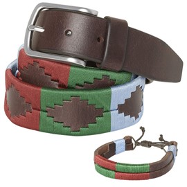 PELPE Argentine Leather Belt with Matching Cord and Leather Wristband Embroidered Leather Belt for Men and Women Argentine Polo Belt, Green