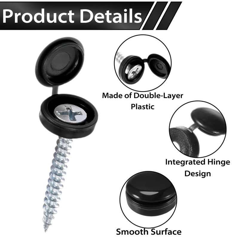 100 PCS Black Plastic Hinged Screw Cover Caps,Screw Snap Covers