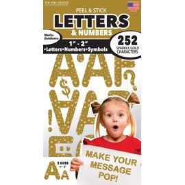The Peel People Peel and Stick Letters and Numbers - Acid-Free, Non-Toxic, Use Indoors or Outdoors, Made in The USA, 252 Stickers Included, Gold Sparkle