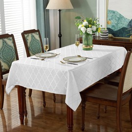SASTYBALE Jacquard Tablecloth Flower Pattern Polyester Table Cloth Spill Proof Wrinkle Resistant Table Cover for Kitchen Dining Tabletop (White, Rectangle/Oblong, 152 x 305 CM (10-12 Seats))