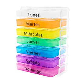 Pastillero Semanal para Medicamentos En Español Portátil Lunes a Viernes de 4 tomas por día Desayuno/Comida/Cena/Noche Sistema Braille