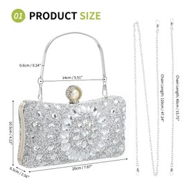 sourcing map Evening Bags for Women, Sparkly Crystal Rhinestone Clutch Purse with 2 Chain Straps Handbags for Wedding Party Evening Weekend, Silver