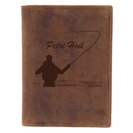 Greenburry Leather ID Card Holder with Petri Heil Motif – Leather Fishing Permit Folder – 16.5 x 12 cm, brown, Vintage