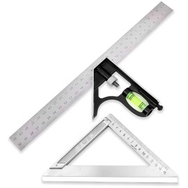 2-Piece Set Square Tool, Combination Square, Incl 11.81inch/300mm Set Square Carpentry With Spirit Level and Silver 170mm Imperial Triangle Ruler At 90 Degrees for Engineer Woodworking Framing