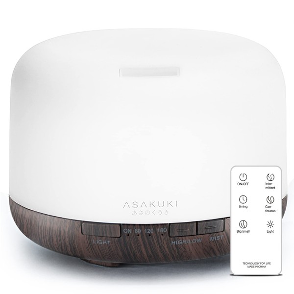 ASAKUKI 500ml Premium - Essential Oil Diffuser, 5 in 1 Ultrasonic Aromatherapy Fragrant Oil Vaporizer Humidifier, Purifies The Air, Timer and Auto-Off Safety Switch, 7 LED Light Colors (Dark Wood)