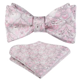 Alizeal Mens 2pcs Classic Floral Pattern Self-tied Bow Tie and Handkerchief Set, Silver+Pink+Gray