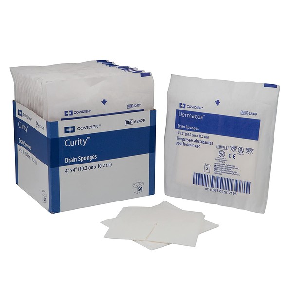 Covidien 6242P Dermacea Drain Sponge, Sterile 2's in Peel-Back Package, 4" x 4", 6-ply (Pack of 50)