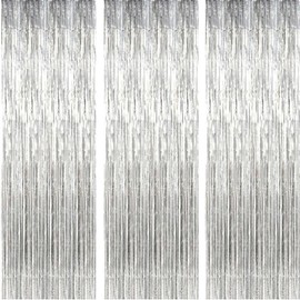 AILEXI 3 Pack 3ft*8ft Metallic Tinsel Curtains Foil Fringe Shimmer Streamers Curtain Door Window Decoration for Party Supplies - Silver
