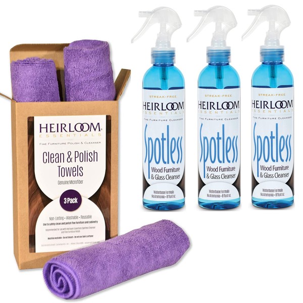 Heirloom Essentials 3-Pack of Spotless Furniture and Glass Cleaner with 1-Box of Microfiber Towels