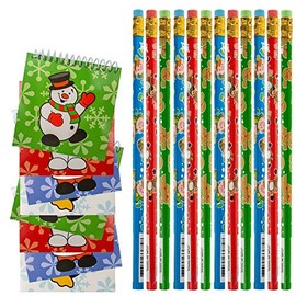 FAVONIR 24 Pcs Christmas Party Favor Stuffers Holiday Themed 12 Notepad And 12 Pencils. Goody Bag Handout Assortment Kids Activity And Fun Reward Prizes