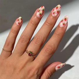 Strawberry Flower Press-On Nails Medium Almond False Nails with Cute White Daisy Flower Pattern Glossy Summer Strawberry Full Cover False Nails Women's Nail Art Decorations 24 pcs