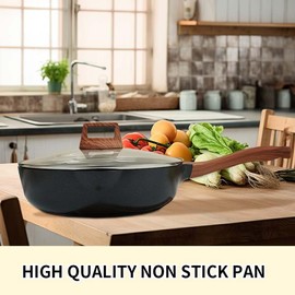 SC Cooker Frying Pans Nonstick With Lid, 11 Inches Granite Nonstick Frying Pan With Pour Spout, Last Longer Omelette Pan, Skillet With Lid, Non Toxic,Pb,Cd PFOA Free (Black, 11 inches)