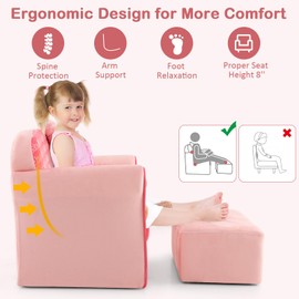 HONEY JOY Pink Toddler Couch, Comfy Chair w/Ottoman, Cute Bow, Lightweight Playroom Furniture w/Velvet Cover & Wooden Frame, Princess Style Loveseat for Bedroom, Kids Sofa for Girls Boys