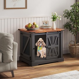 VOPEAK 27.5" Small Dog Crate Furniture, Chew Resistant Dog Crate for Puppy Dogs, Heavy Duty Small Dog Crate Dog Kennel Indoor with Double Doors, Wooden End Table for Bedroom Living Room, Black