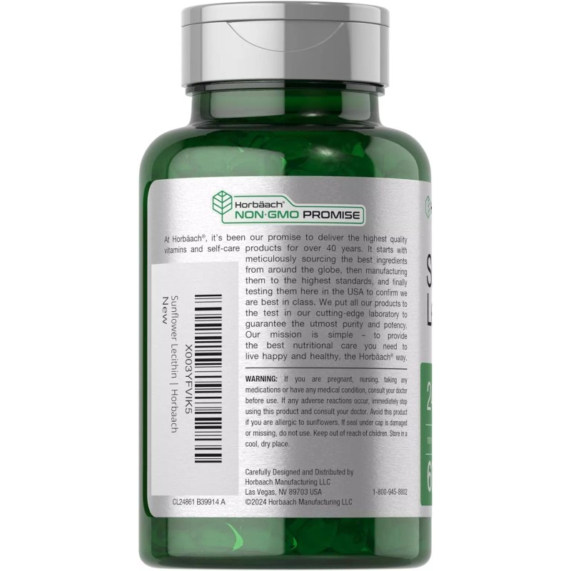 Horbaach Sunflower Lecithin 2400Mg, 60 Softgel Capsules, Naturally Phospholipids