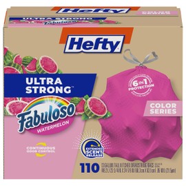 Hefty Ultra Strong 13 Gallon Trash Bags, Tall Kitchen Trash Bags 13 Gallon Size, Resist Leaks, Punctures, and Rips, Continuous Odor Control, Pink, Fabuloso Watermelon Scent, 110 Bags