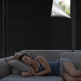 Qualsen Blackout Roller Blind No Drilling 400 x 150 cm Roof Window Blackout Portable Blackout Film Travel Sun Protection Blackout Fabric 100% Opaque Window Blackout (Black/Silver)