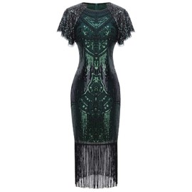 FAIRY COUPLE 1920s Knee Length Flapper Party Dress Layer Tassels Hem Sequined Cap Sleeve Cocktail(L,Green)